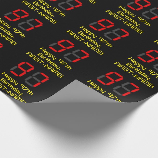 97th Birthday: Red Digital Clock Style "97" + Name Wrapping Paper (Corner)