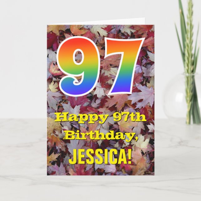 97th Birthday; Rustic Autumn Leaves; Rainbow "97" Card (Front)