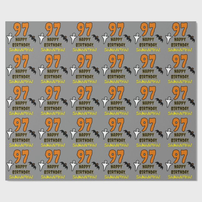97th Birthday: Spooky Halloween Theme, Custom Name Wrapping Paper (Flat)