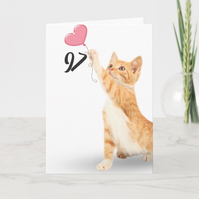 97th birthday tabby cat with heart balloon card (Front)