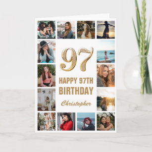 97th Happy Birthday Gold and White Photo Collage Card