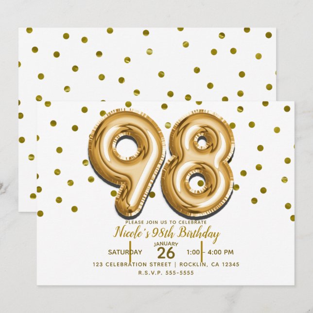 98 Gold Balloons & Confetti 98th Birthday Party Invitation (Front/Back)