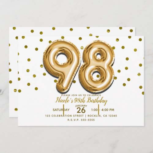 98 Gold Balloons  Confetti 98th Birthday Party Invitation