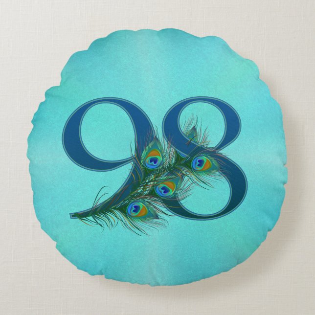 98 Peacock Feather Birthday Anniversary Elegant Round Pillow (Front)