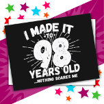 98 Year Old Sarcastic Meme Funny 98th Birthday Postcard<br><div class="desc">This funny 98th birthday design makes a great sarcastic humor joke or novelty gag gift for a 98 year old birthday theme or surprise 98th birthday party! Features 'I Made it to 98 Years Old... Nothing Scares Me' funny 98th birthday meme that will get lots of laughs from family, friends,...</div>