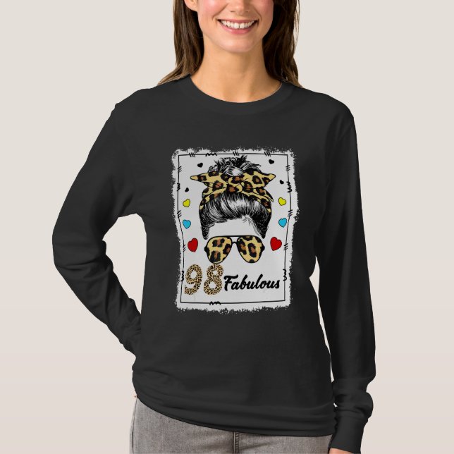 98 Years Old Fabulous Messy Bun Leopard 1924 Birth T-Shirt (Front)