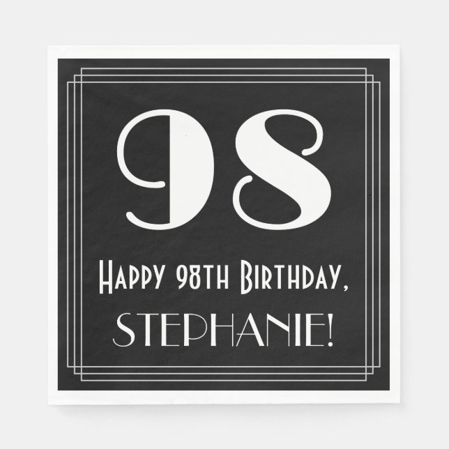 98th Birthday ~ Art Deco Inspired Look "98", Name Napkins (Front)