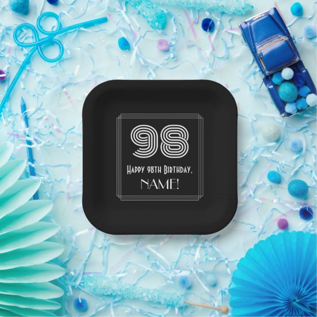 98th Birthday — Art Deco Inspired Look “98” + Name Paper Plates (Party)