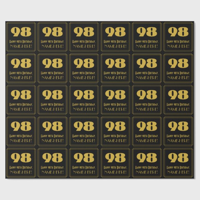 98th Birthday – Art Deco Inspired Look "98" & Name Wrapping Paper (Flat)