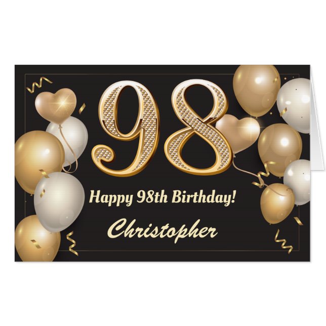 98th Birthday Black and Gold Balloons Extra Large Card (Front Horizontal)