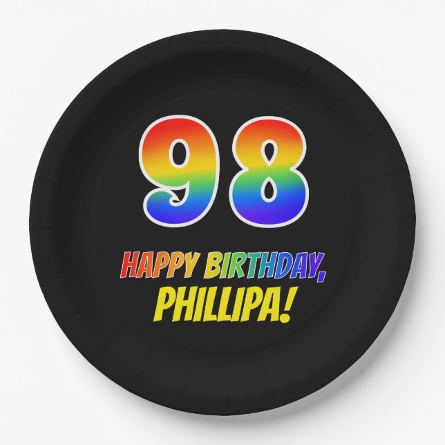 98th Birthday: Bold, Fun, Simple, Rainbow 98 Paper Plates (Front)