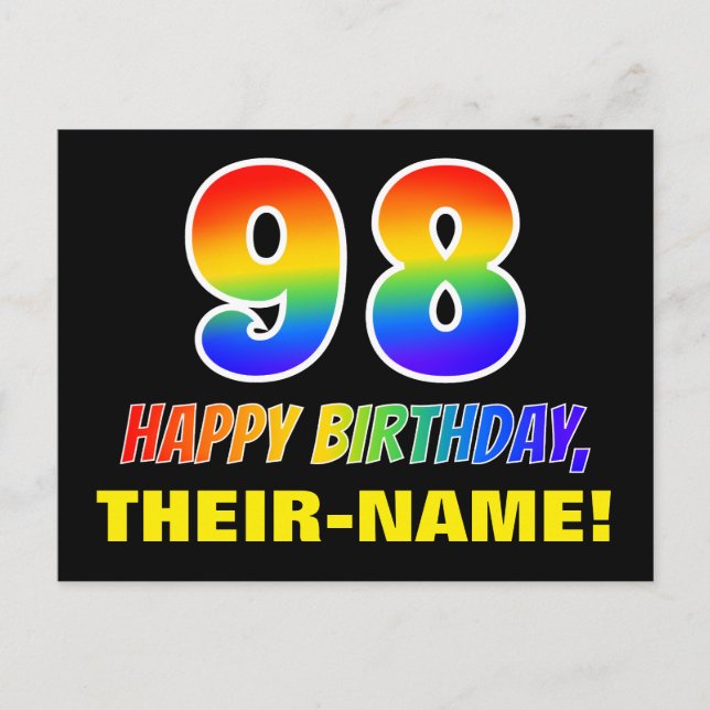 98th Birthday: Bold, Fun, Simple, Rainbow 98 Postcard (Front)