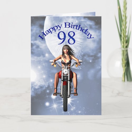 98th Birthday card with a motorbike and girl rider