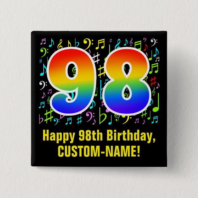 98th Birthday: Colorful Music Symbols, Rainbow 98 Button (Front)