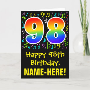 98th Birthday: Colorful Music Symbols + Rainbow 98 Card
