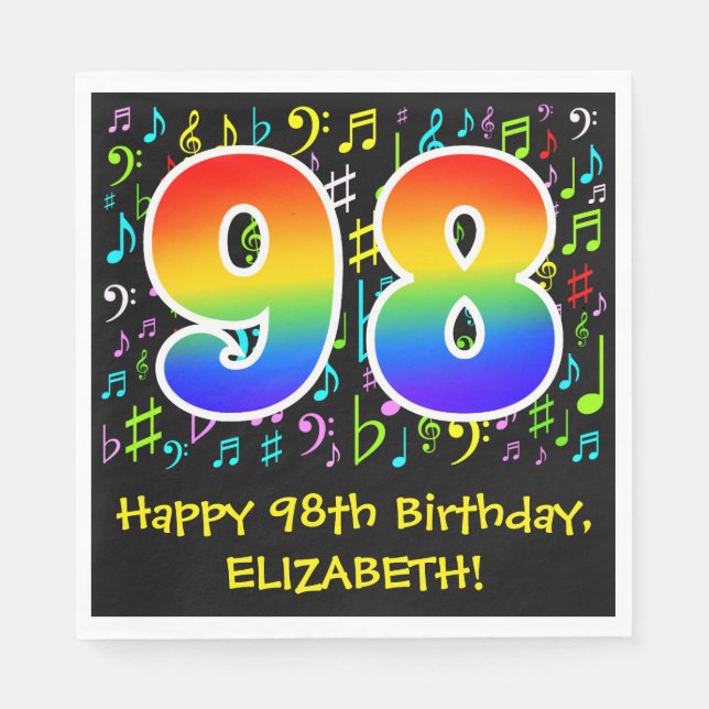 98th Birthday - Colorful Music Symbols, Rainbow 98 Napkins (Front)