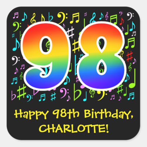 98th Birthday Colorful Music Symbols Rainbow 98 Square Sticker