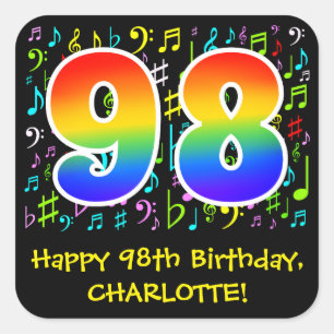 98th Birthday: Colorful Music Symbols, Rainbow 98 Square Sticker
