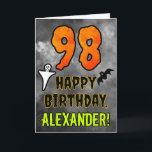 98th Birthday: Eerie Halloween Theme   Custom Name Card<br><div class="desc">The front of this scary and spooky Halloween themed birthday greeting card design features a large number “98”. It also features the message “HAPPY BIRTHDAY, ”, and a customizable name. There are also depictions of a bat and a ghost on the front. The inside features a customizable birthday greeting message,...</div>