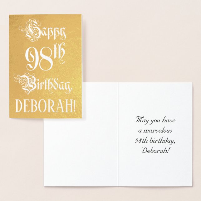98th Birthday: Elegant, Ornate Script; Custom Name Foil Card (Display)