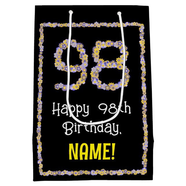 98th Birthday: Floral Flowers Number, Custom Name Medium Gift Bag (Back)