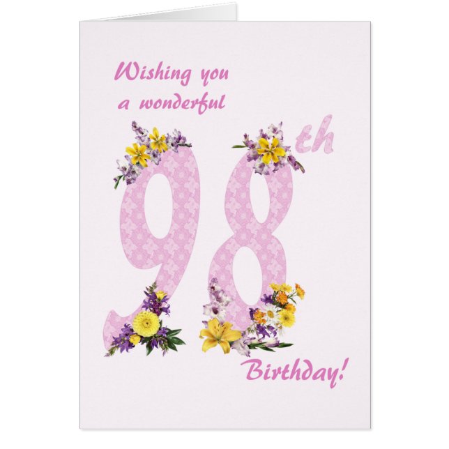 98th Birthday Flower Decorated Numbers Cards (Front)