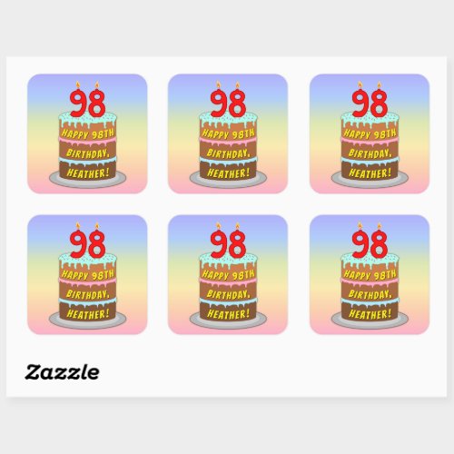 98th Birthday Fun Cake and Candles  Custom Name Square Sticker