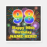 [ Thumbnail: 98th Birthday: Fun Fireworks Pattern + Rainbow 98 Napkins ]