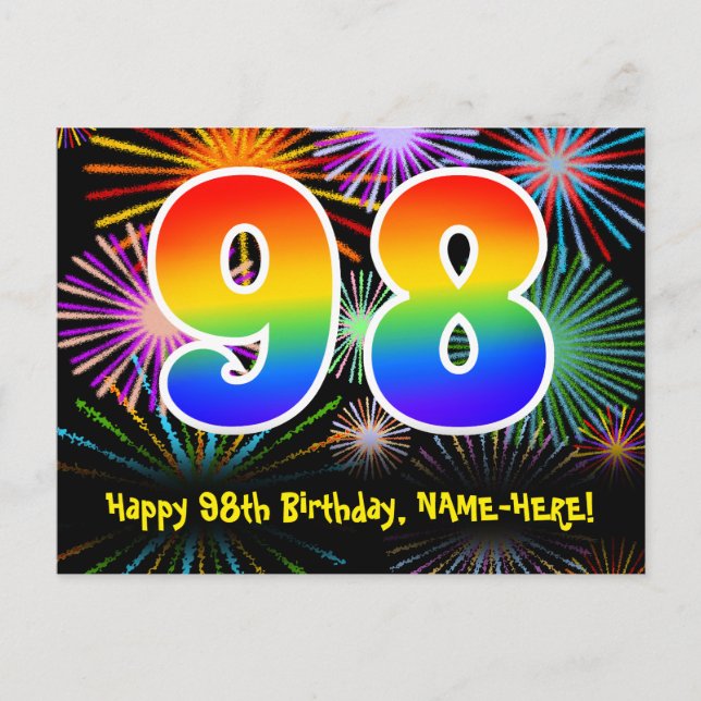 98th Birthday – Fun Fireworks Pattern + Rainbow 98 Postcard (Front)