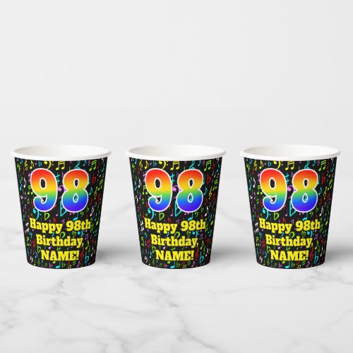 98th Birthday Fun Music Notes Pattern Rainbow 98 Paper Cups