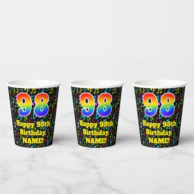 98th Birthday: Fun Music Notes Pattern, Rainbow 98 Paper Cups (Multi)