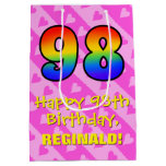 [ Thumbnail: 98th Birthday: Fun Pink Hearts Stripes; Rainbow 98 Gift Bag ]
