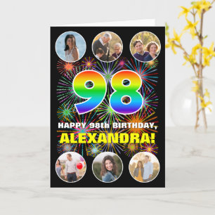 98th Birthday: Fun Rainbow #, Custom Name & Photos Card