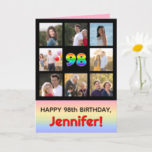 98th Birthday: Fun Rainbow #, Custom Photos + Name Card