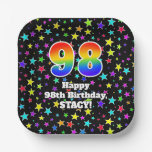 [ Thumbnail: 98th Birthday: Fun Stars Pattern and Rainbow “98” Paper Plates ]