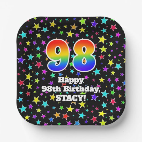 98th Birthday Fun Stars Pattern and Rainbow 98 Paper Plates