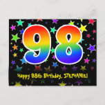 [ Thumbnail: 98th Birthday: Fun Stars Pattern, Rainbow 98, Name Postcard ]