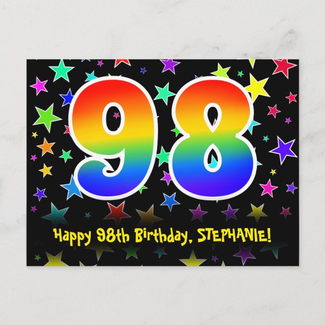 98th Birthday: Fun Stars Pattern, Rainbow 98, Name Postcard (Front)