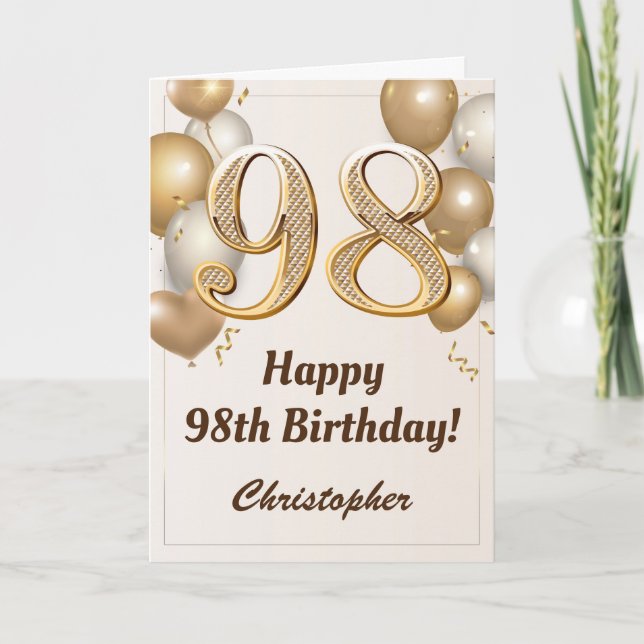 98th Birthday Gold Balloons and Confetti Birthday Card (Front)