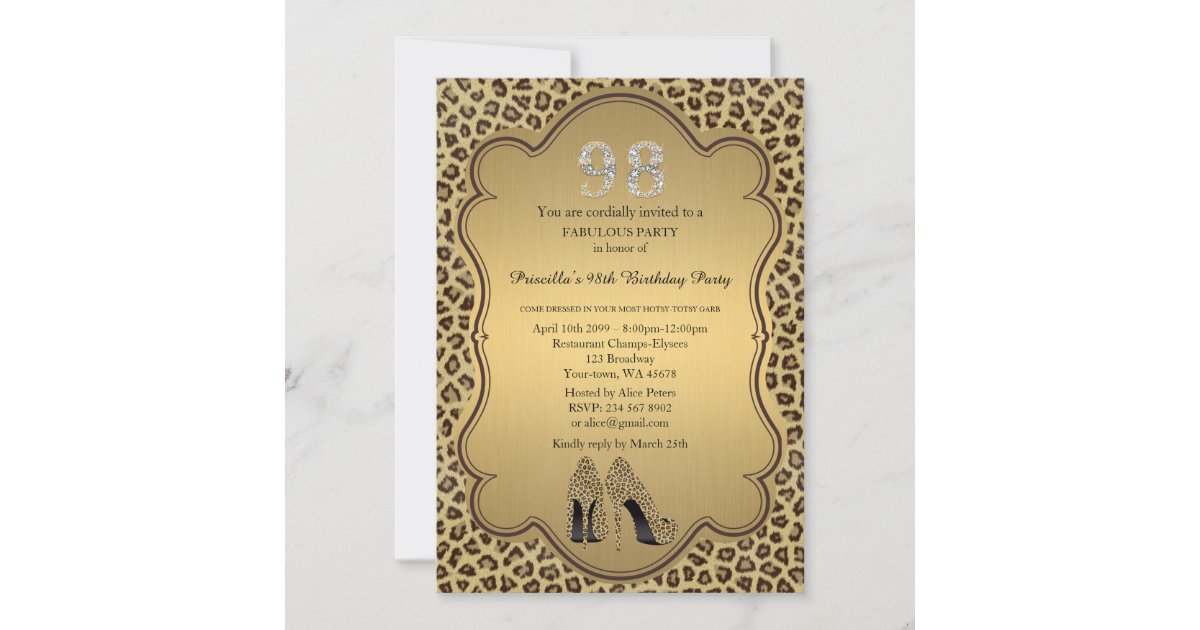 98th Birthday Invitation Numbers Diamonds Cheetah Invitation Zazzle Com