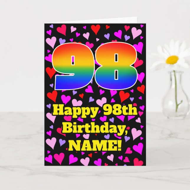 98th Birthday: Loving Hearts Pattern, Rainbow # 98 Card (Small Plant)