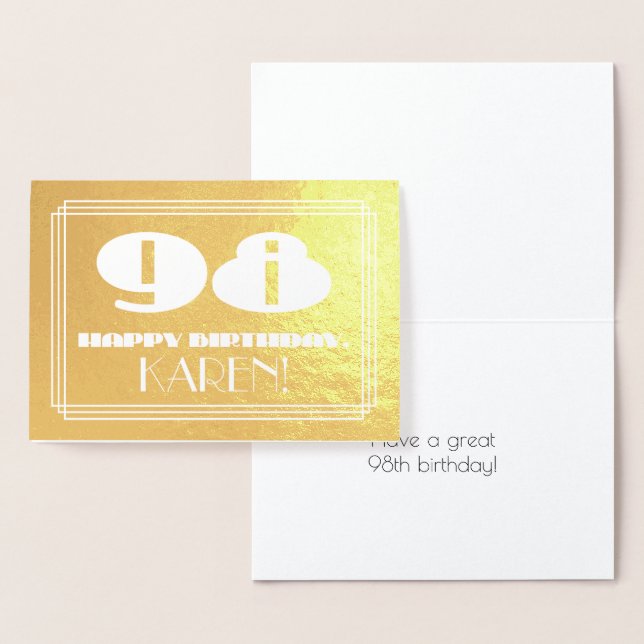 98th Birthday: Name + Art Deco Inspired Look "98" Foil Card (Display)