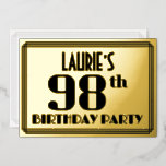 [ Thumbnail: 98th Birthday Party: Art Deco Look “98” and Name Invitation ]