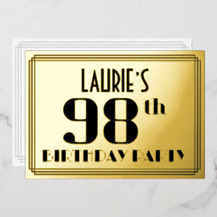 98th Birthday Party: Art Deco Look “98” and Name Foil Invitation