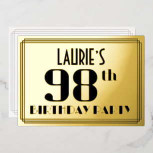 98th Birthday Party: Art Deco Look “98” and Name Foil Invitation