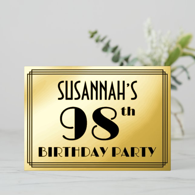 98th Birthday Party — Art Deco Look “98” + Name Foil Invitation (Standing Front)