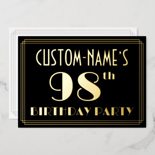98th Birthday Party Art Deco Look 98 w Name Foil Invitation