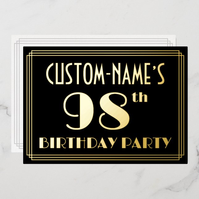 98th Birthday Party: Art Deco Look “98”, w/ Name Foil Invitation (Front/Back)