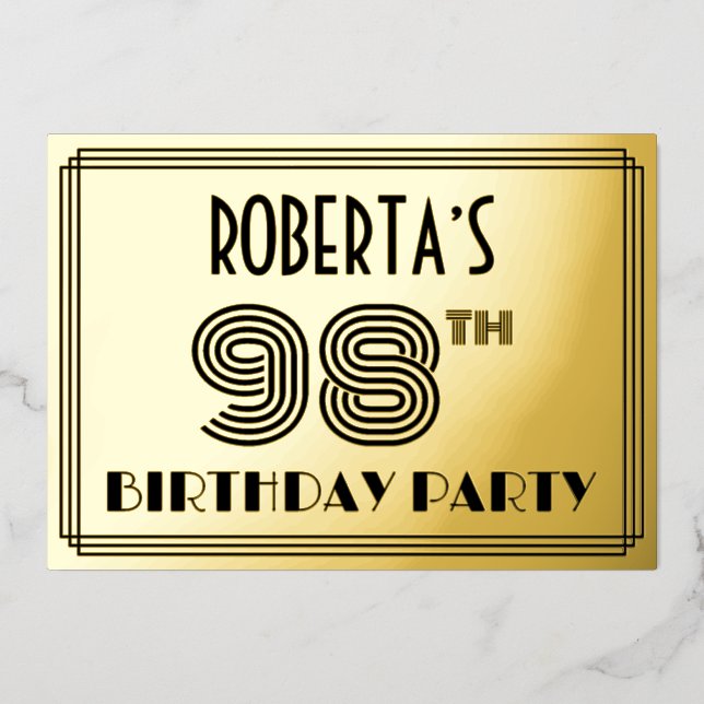 98th Birthday Party — Art Deco Style “98” & Name Foil Invitation (Front)