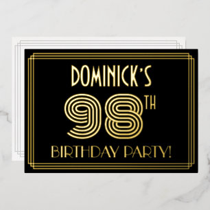 98th Birthday Party — Art Deco Style “98” + Name Foil Invitation